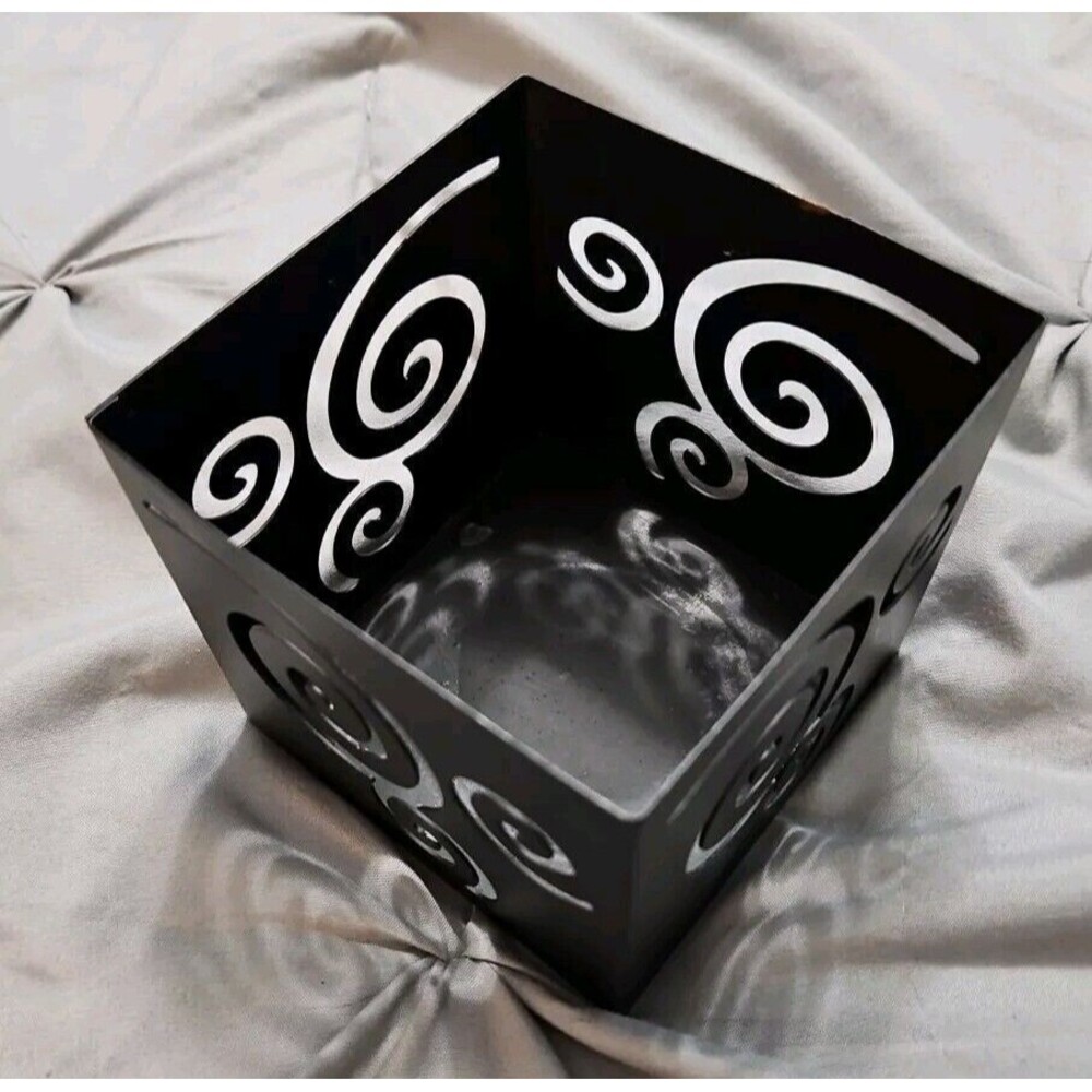 Matte Black Finish Metal Square Candle Holder 3.5in X 3.5in Spiral Cut Out